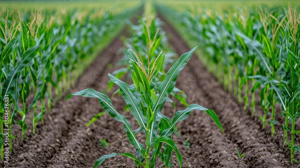 Lush green corn plants grow in neat rows, showcasing healthy crops in a well-tended agricultural field.