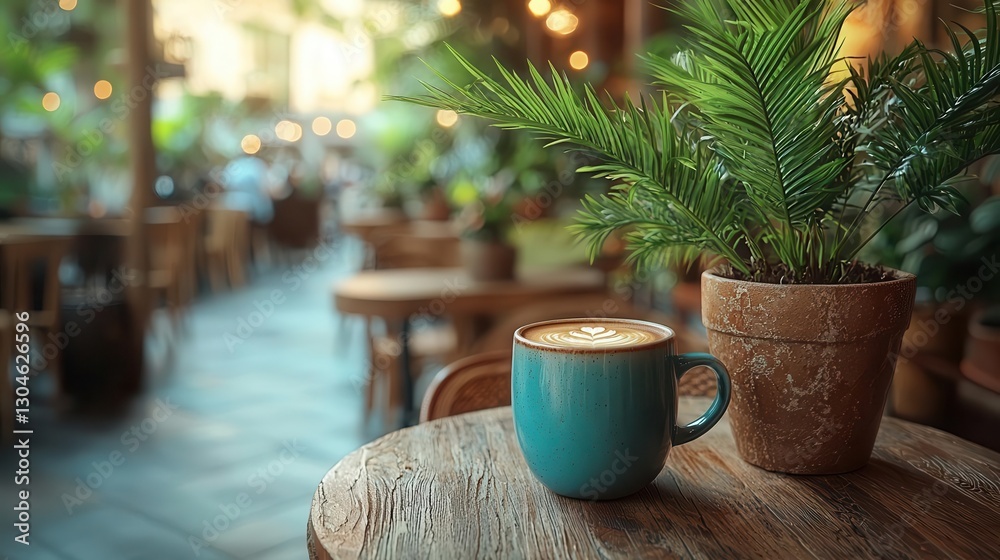 Fototapeta premium Flat Lay Mockups, Cozy Café Ambience with a Cup of Coffee and Greenery – Warm Aesthetic, Relaxing Atmosphere, Rustic Table, Latte Art, Indoor Plants, and Soft Bokeh Lights in Background,