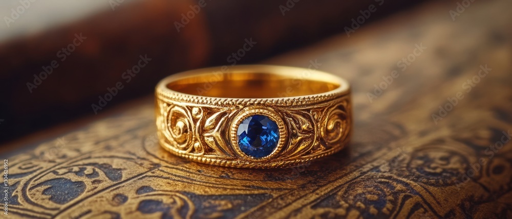 Exquisite Golden Ring Adorned with a Sapphire Gemstone Resting on an Ornate Book Cover in Soft Ambient Lighting Exquisite Golden Ring Adorned with a Sapphire Gemstone Resting on an Ornate Book Cover in Soft Ambient Lighting