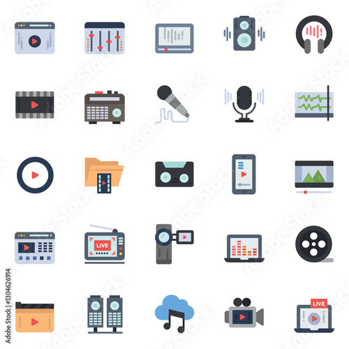 Set of color audio and video icons. Camera, microphone, cassette, player, music record. Vector illustration