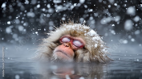 Japanese snow monkeys relaxing in steaming hot springs, mist rising as snowflakes fall gently around them in Nagan serene mountains photo