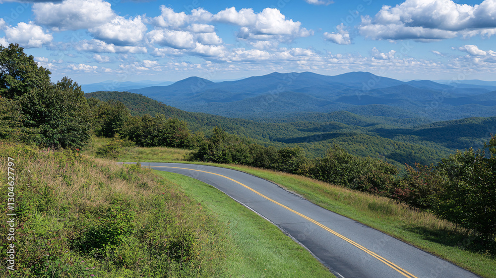 Naklejka premium A winding road meanders through lush green hills under a blue sky dotted with fluffy clouds, showcasing a serene landscape.