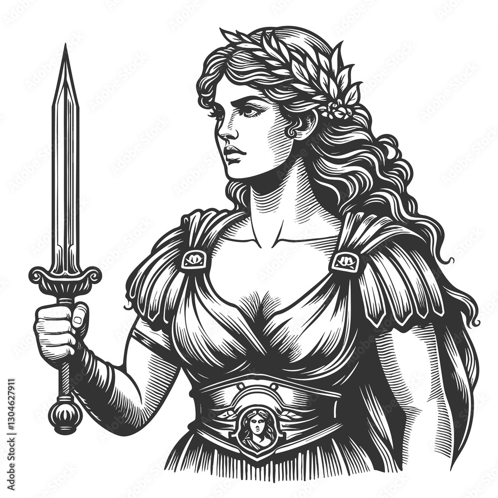Fototapeta premium Ancient Warrior Goddess with Spear Shield raster