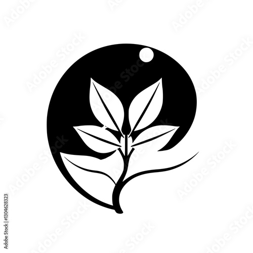 Serene Black and White Illustration of Leaves Emanating from a Central Stem in a Yin and Yang Composition Underneath the Moon.