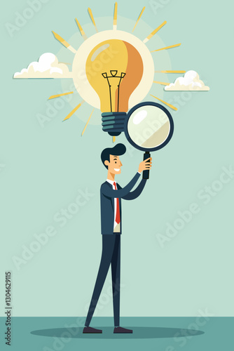 Businessman Using Magnifying Glass to Search for New Business Idea, Concept of Creativity and Identifying Business Opportunities