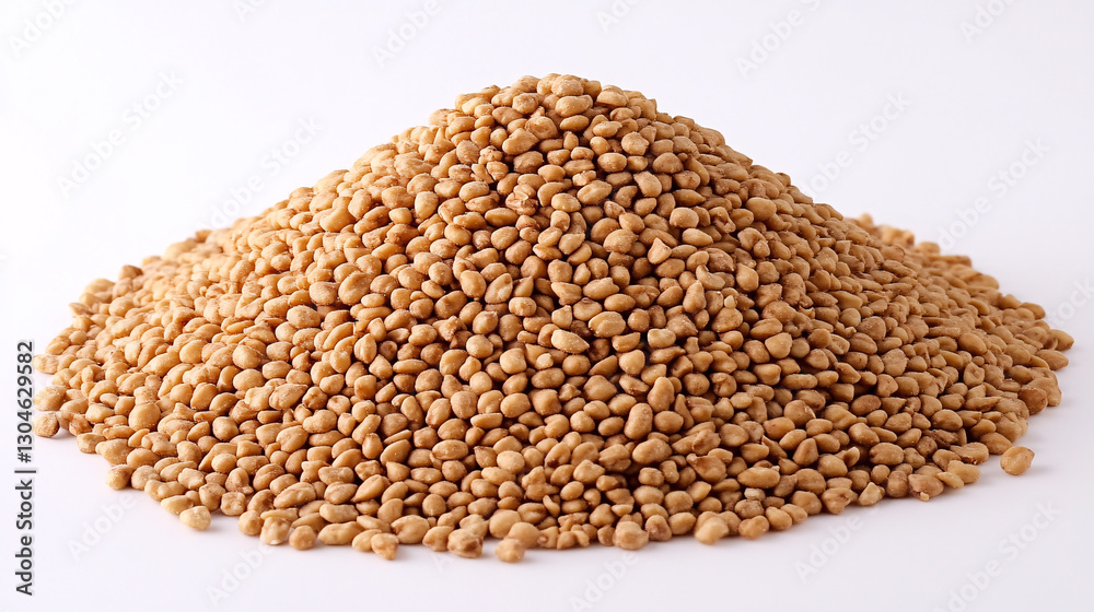 A pile of light brown seeds, resembling mustard seeds, is displayed against a white background, emphasizing their texture and color. A pile of light brown seeds, resembling mustard seeds, is displayed against a white background, emphasizing their texture and color.