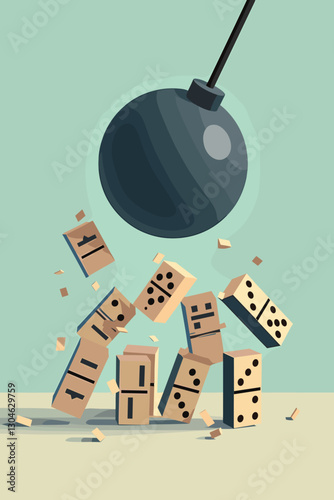 Falling Dominoes and Wrecking Ball Symbolizing Business Failure, Crisis, Risk and Instability