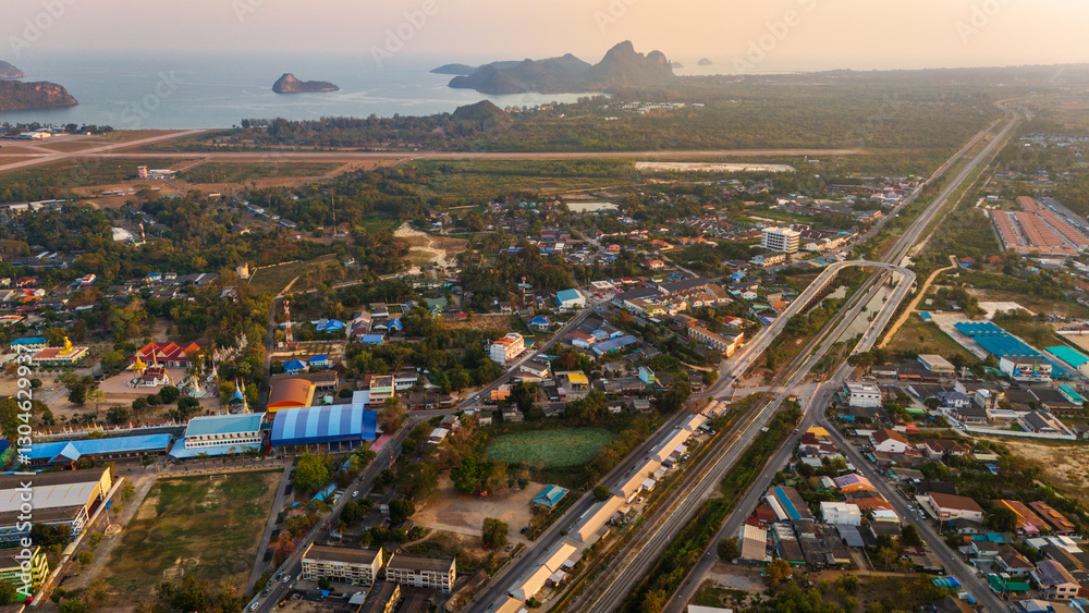Fototapeta premium Aerial sunset view of Prachuap Khiri Khan is a town in Thailand travel destination 