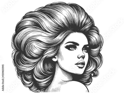 woman with an enormous, intricately curled hairstyle, blending surrealism, elegance, and vintage artistic style sketch engraving generative ai vector illustration. Scratch board. Black and white image