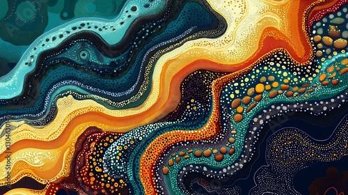 Abstract colorful waves with intricate patterns, blending vibrant colors like orange, teal, and gold in a dynamic flowing design.