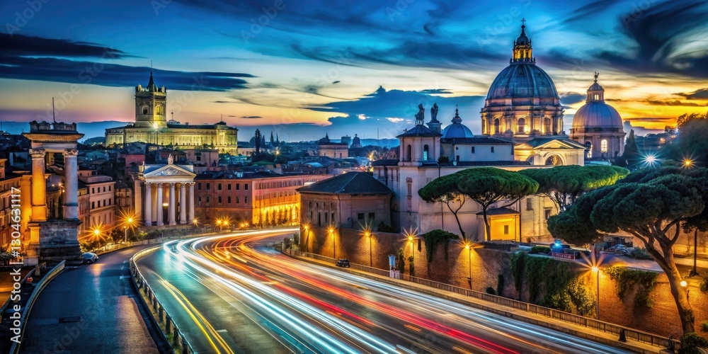 Fototapeta premium Roman Holiday: Long Exposure Photography - City Lights, Ancient Ruins, Night Scene, Italy