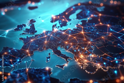 Digital connections on an abstract map of Western Europe, symbolizing global networking and communication