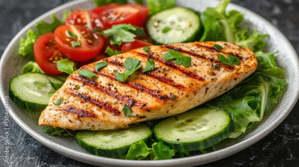 Grilled chicken breast with fresh salad and vegetables on a plate healthy eating concept food photography delicious light meal close up studio shot Grilled chicken breast with fresh salad and vegetables on a plate healthy eating concept food photography delicious light meal close up studio shot