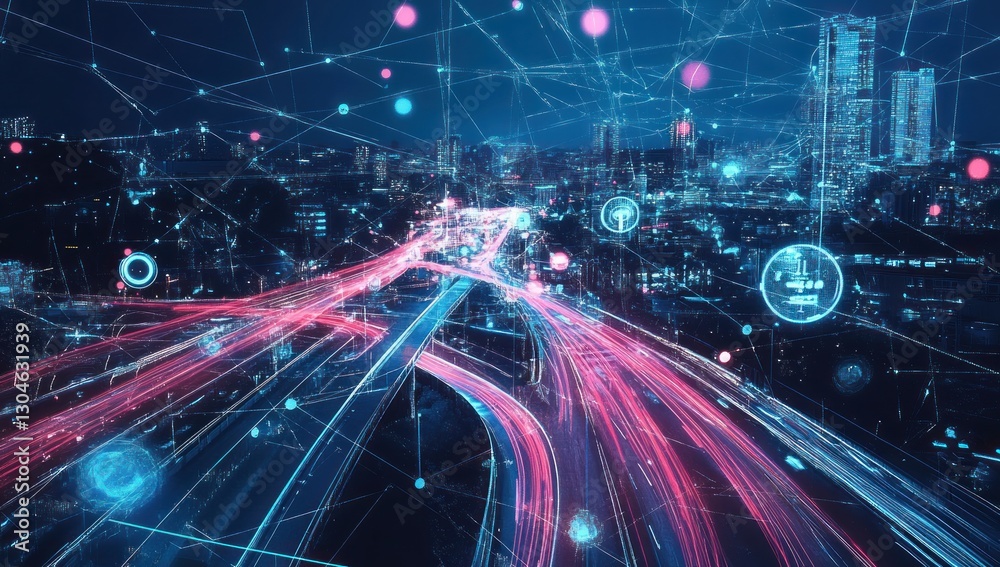 Fototapeta premium Smart city at night, data network, digital connection, transportation.
