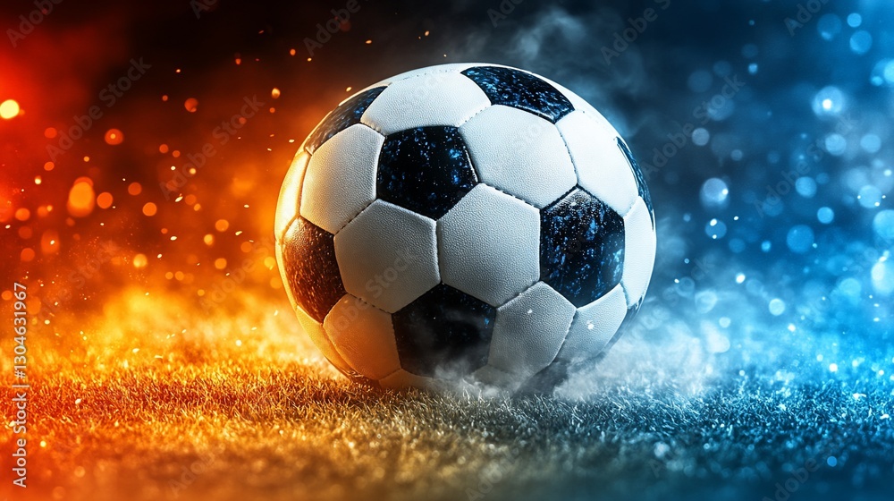 Naklejka premium Soccer ball on grass with fire and ice background, sports promo, web, ads