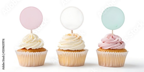 cupcakes with frosting, each decorated with a blank round topper mockup on a stick. Perfect for branding, party decor, or bakery display. Neutral background enhances realism.