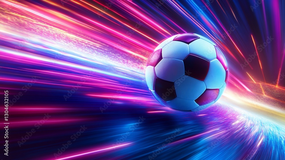 Obraz premium Soccer ball speeds through a dynamic, colorful, light-filled tunnel
