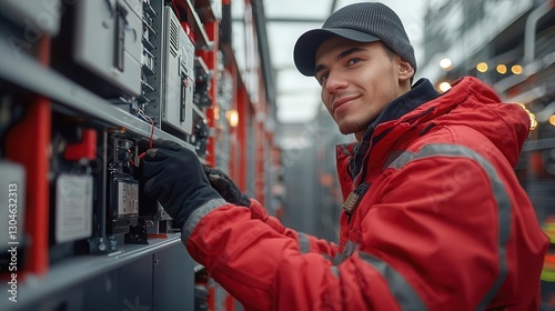 Technician installing fire alarm protection systems in urban housing, fire alarm protection installation, city safety emphasis Copy space, commercial use