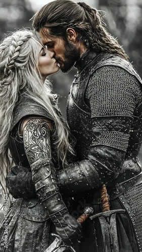 Romantic moment between armored warriors in a medieval forest during a light rain