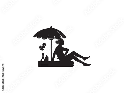 silhouette of a woman with umbrella.Relaxing Silhouette of Woman Under Beach Umbrella.