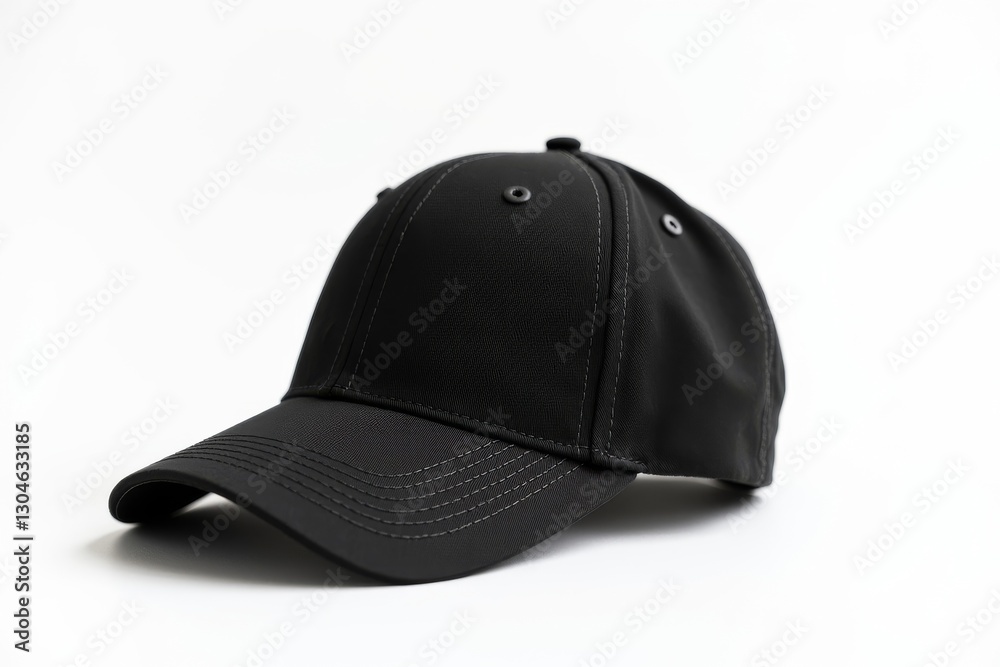 Black cap placed on a clean white surface Black cap placed on a clean white surface