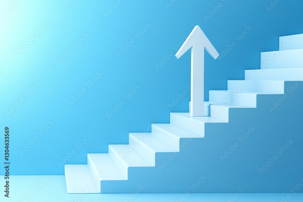 White arrow points upward on a light blue stairway White arrow points upward on a light blue stairway