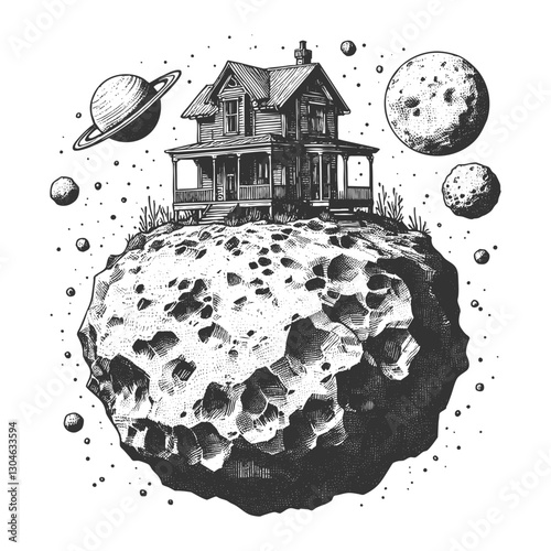 house perched on a floating asteroid, surrounded by planets and celestial objects in outer space sketch engraving generative ai vector illustration. Scratch board imitation. Black and white image.