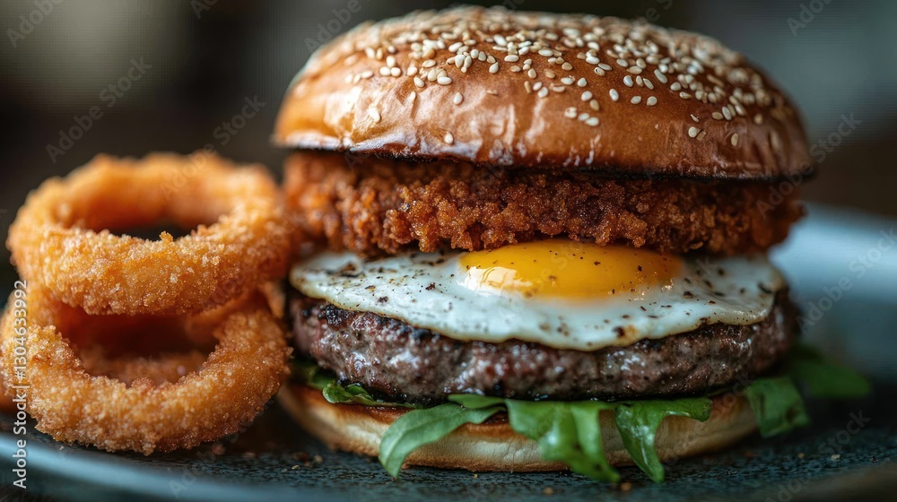 Gourmet Breakfast Burger with Onion Rings on Plate Gourmet Breakfast Burger with Onion Rings on Plate