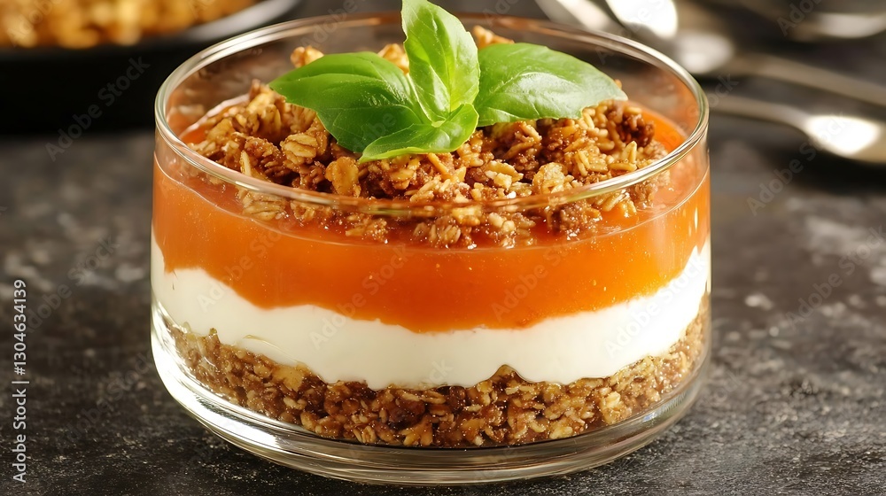 Dessert parfait in glass, layered with cream, apricot, granola, basil garnish, studio shot. Possibly for menu Dessert parfait in glass, layered with cream, apricot, granola, basil garnish, studio shot. Possibly for menu