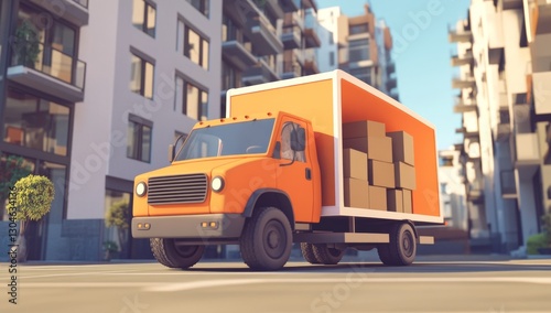 Orange delivery truck on city street