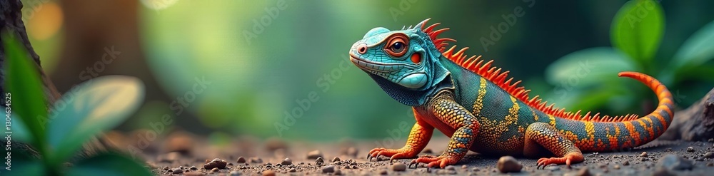 Fototapeta premium Colorful cartoon iguana with patterned scales striking a pose, vibrant, white background