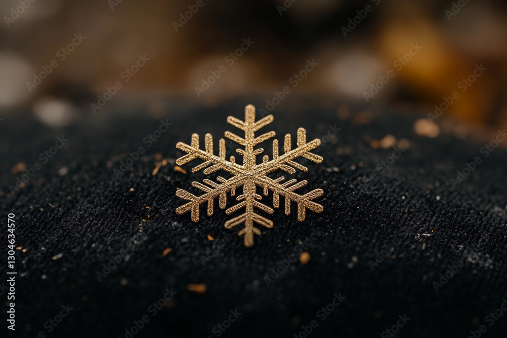 Decorative gold snowflake design rests on a dark surface surrounded by nature, creating a serene winter atmosphere Decorative gold snowflake design rests on a dark surface surrounded by nature, creating a serene winter atmosphere