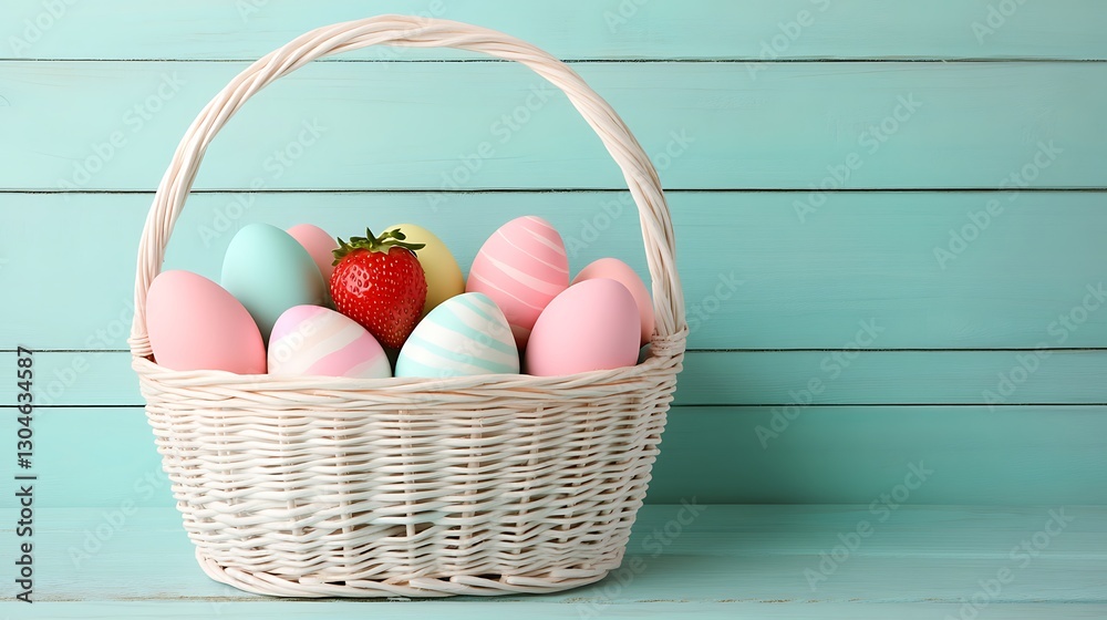 Naklejka premium Easter basket filled with colored eggs and strawberry against pastel turquoise wooden background, for springtime celebrations