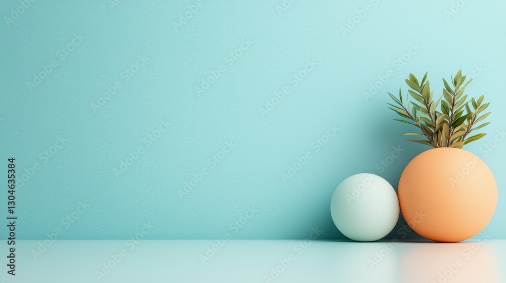 A serene composition featuring a teal background, an orange pot with greenery, and a pastel blue sphere, creating a fresh and modern aesthetic. A serene composition featuring a teal background, an orange pot with greenery, and a pastel blue sphere, creating a fresh and modern aesthetic.