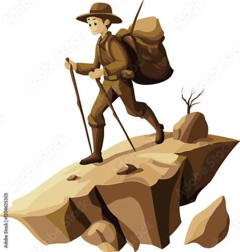 Stylized vector of a hiker navigating rocky terrain, ideal for travel and adventure themes.