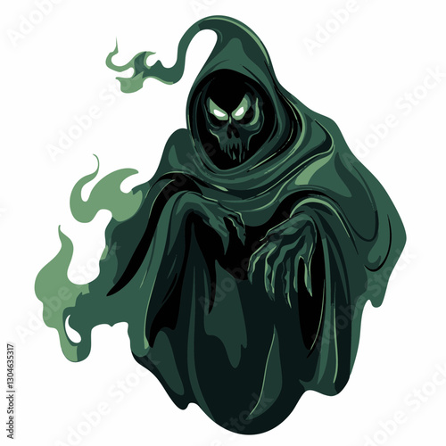 Dark Fantasy Vector Illustration: A mysterious hooded figure with glowing eyes and swirling green mist, ideal for Halloween-themed designs.