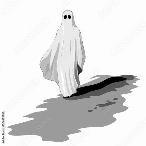 Vector illustration of a ghostly figure with large eyes, depicted in a minimalist black and white style, suitable for Halloween themes.