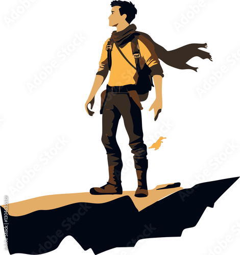 Stylized vector illustration of a traveler standing on a cliff, with a scarf blowing in the wind. Ideal for adventure themes.