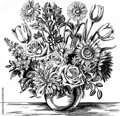 Elegant black and white vector illustration of a blooming flower bouquet, perfect for floral designs and decorations.