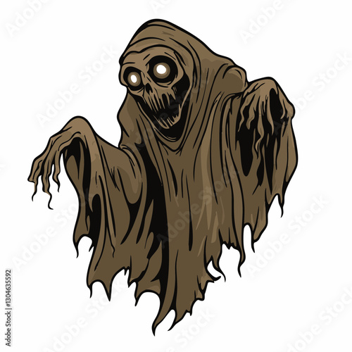 Vector Ghost Illustration: A creepy cloaked figure with glowing eyes, perfect for Halloween graphics and spooky designs.