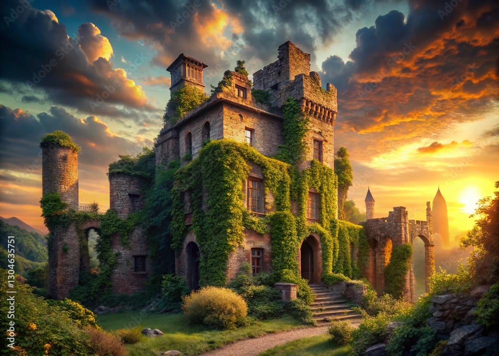 Fototapeta premium Majestic Abandoned Castle Ruins at Sunset - Epic Architectural Photography
