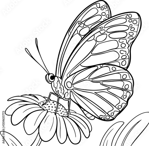 Line Art Butterfly on Flower: A delicate outline illustration suitable for coloring books or nature-themed designs.
