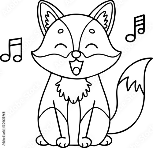 Vector outline of a cheerful fox with musical notes, ideal for coloring activities or playful designs.