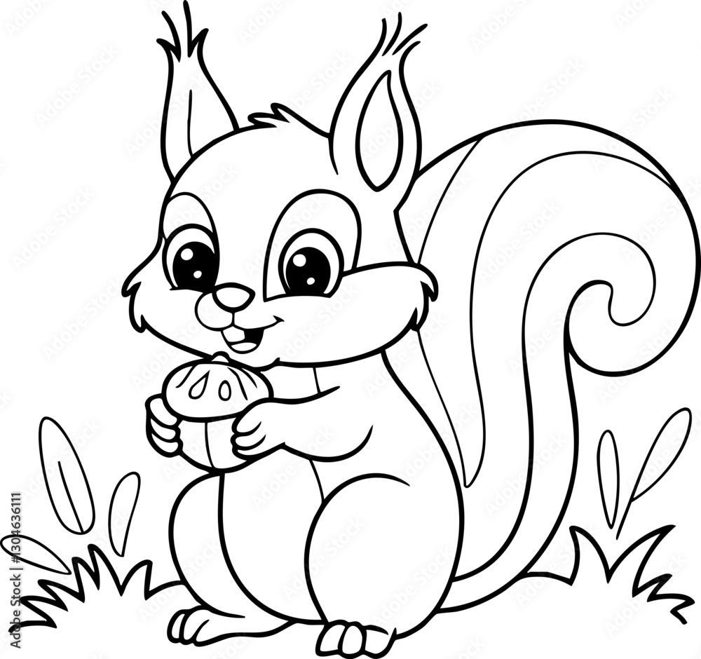 Fototapeta premium Cute cartoon squirrel holding an acorn, outlined in black, perfect for coloring activities and children’s art projects.