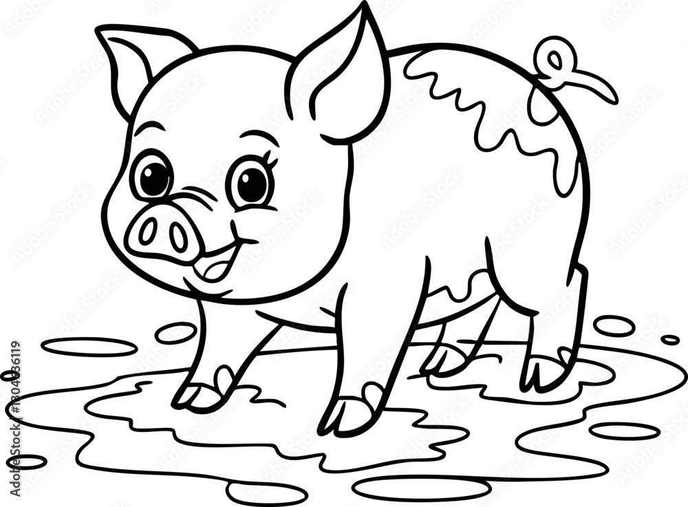 Obraz premium Cute cartoon pig playing in mud; ideal for children's coloring books and playful designs.