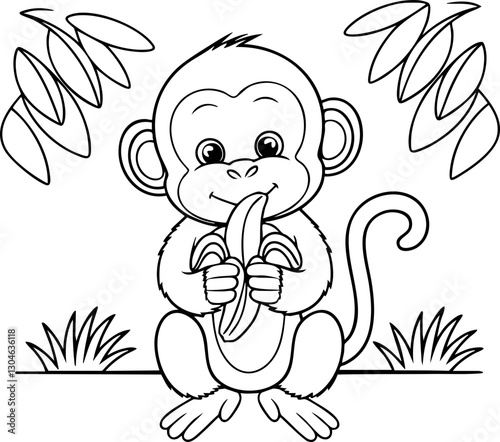 Cute cartoon monkey holding bananas in a tropical setting, perfect for children's coloring activities.