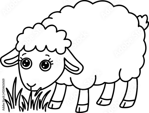 Cute vector sheep grazing in a pasture, featuring a cartoonish style with round eyes, ideal for children's educational materials.