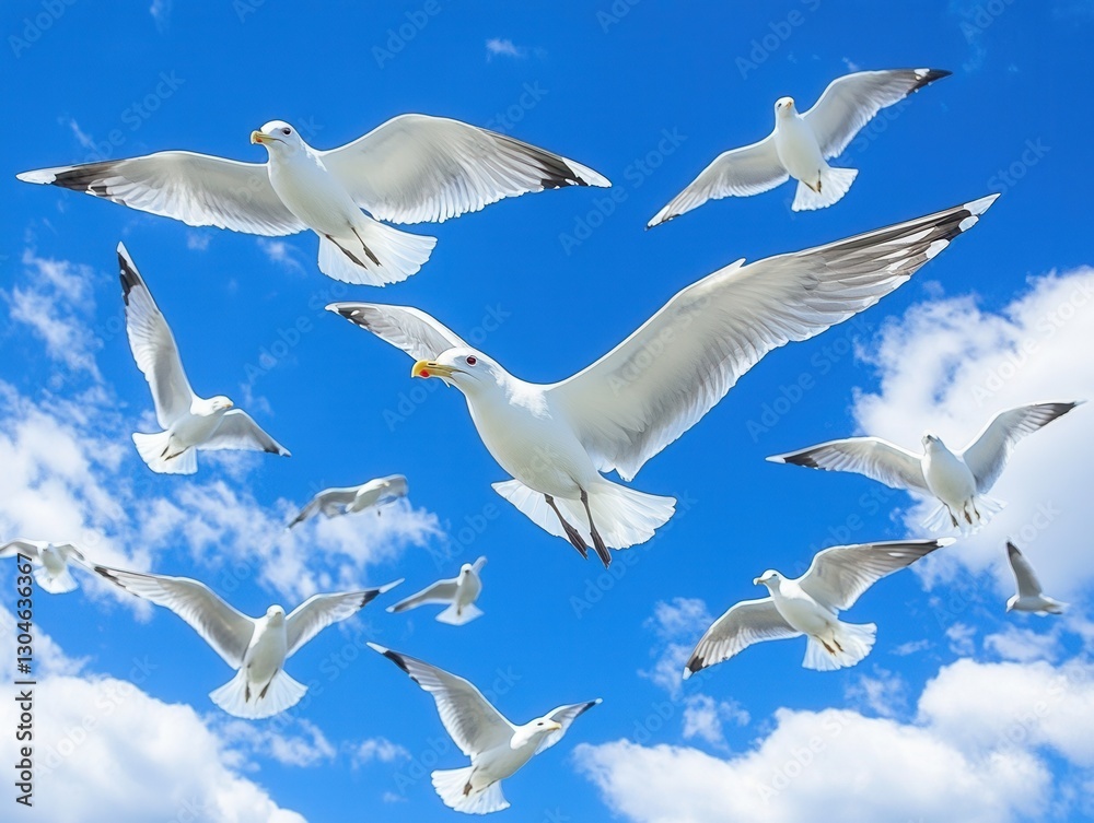 Fototapeta premium Serene aerial ballet of seagulls soaring freely against a backdrop of azure sky and fluffy clouds evoking a sense of freedom and natural beauty
