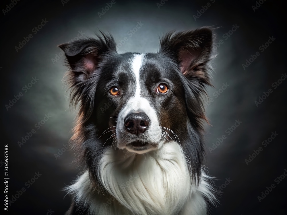 Majestic Black and White Border Collie Dog Portrait, Dark Grey Background Majestic Black and White Border Collie Dog Portrait, Dark Grey Background