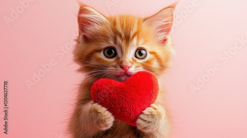 Adorable Kitten Holding a Red Heart: A Symbol of Love and Affection